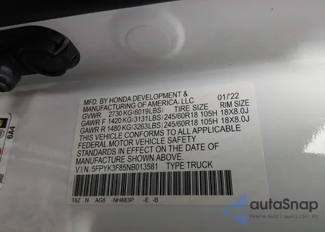 2022 Honda Ridgeline Black Edition из США, поврежденный, VIN 5FPYK3F85NB013581